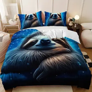 Bedding 3-piece set - 3PCS,Blue and white starry sky sloth arm hugging design down comforter set (1 duvet cover + 2 pillowcases, filling not included). soft and comfortable, suitable for family bedrooms.