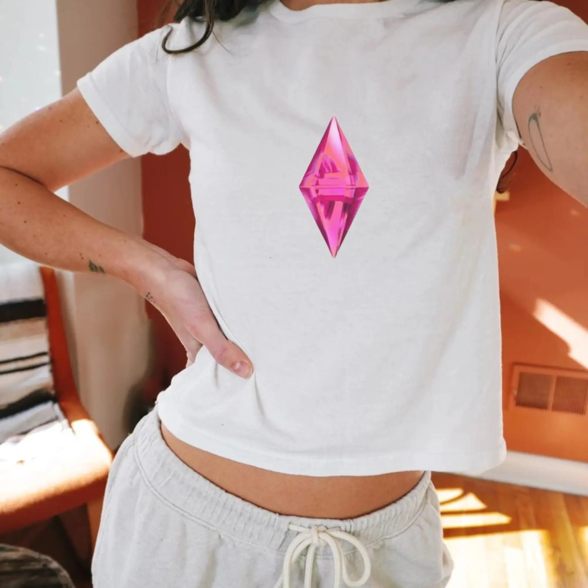 Sims Plumbob Baby Tee, Gamer Girl Gift, Funny And Creative Tshirt For Streamer Girls, Y2k Style Baby Tee For Sims 4 Fans, Pink Plumbob Logo, Gift For Her