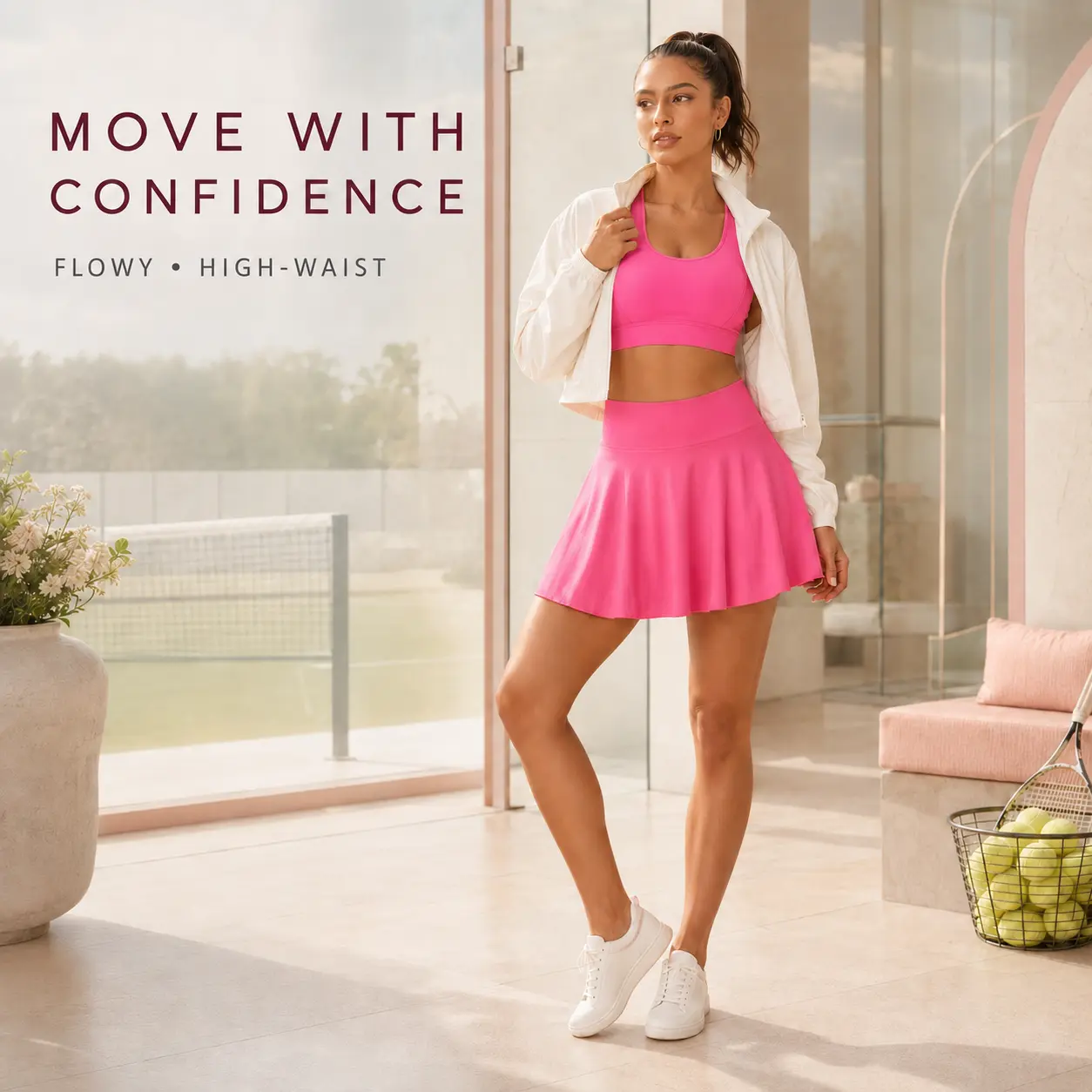 Women’s High-Waist Polyester Flowy A-Line Fitted Solid Athletic Mini Sports Skirt for Tennis, Outdoor Activities