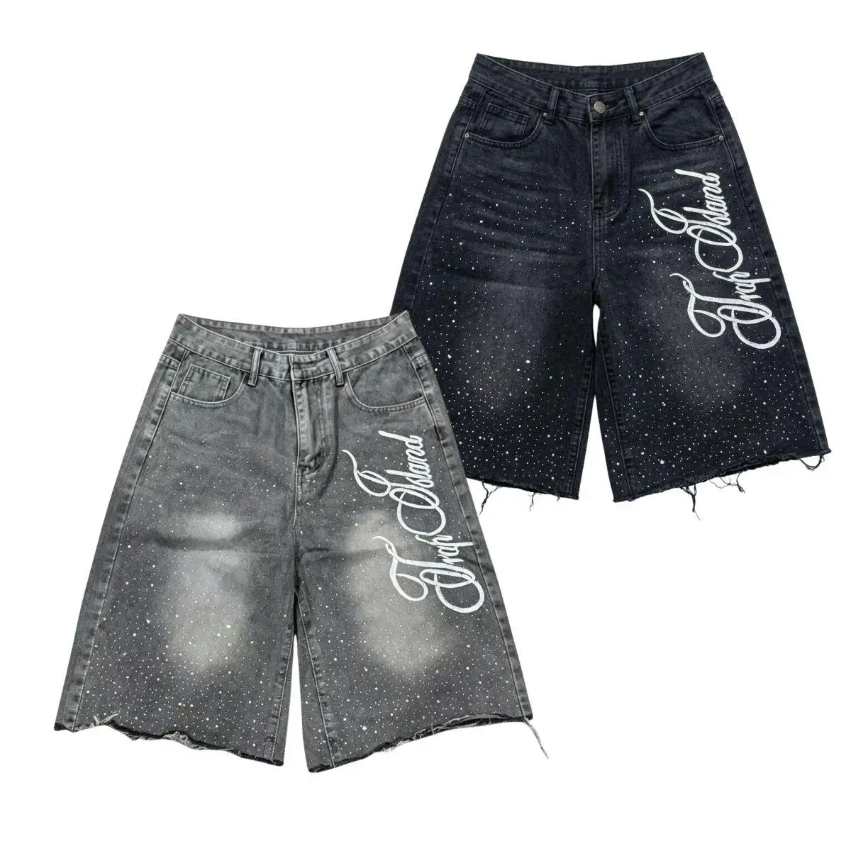Men’s denim shorts, mid-thigh length, American street graffiti letter print + raw hem, loose wide-leg high-street style denim shorts