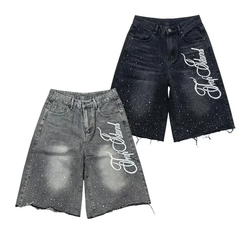 Men’s Jean Shorts, Mid-Thigh Length, American Urban Street Look Graffiti Letter Print, Raw Hem, Loose Wide-Leg High-Street Style