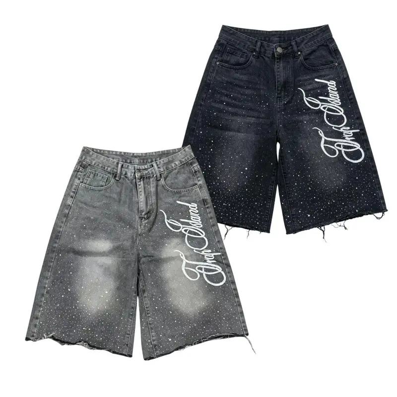 Men’s Jean Shorts, Mid-Thigh Length, American Urban Street Look Graffiti Letter Print, Raw Hem, Loose Wide-Leg High-Street Style