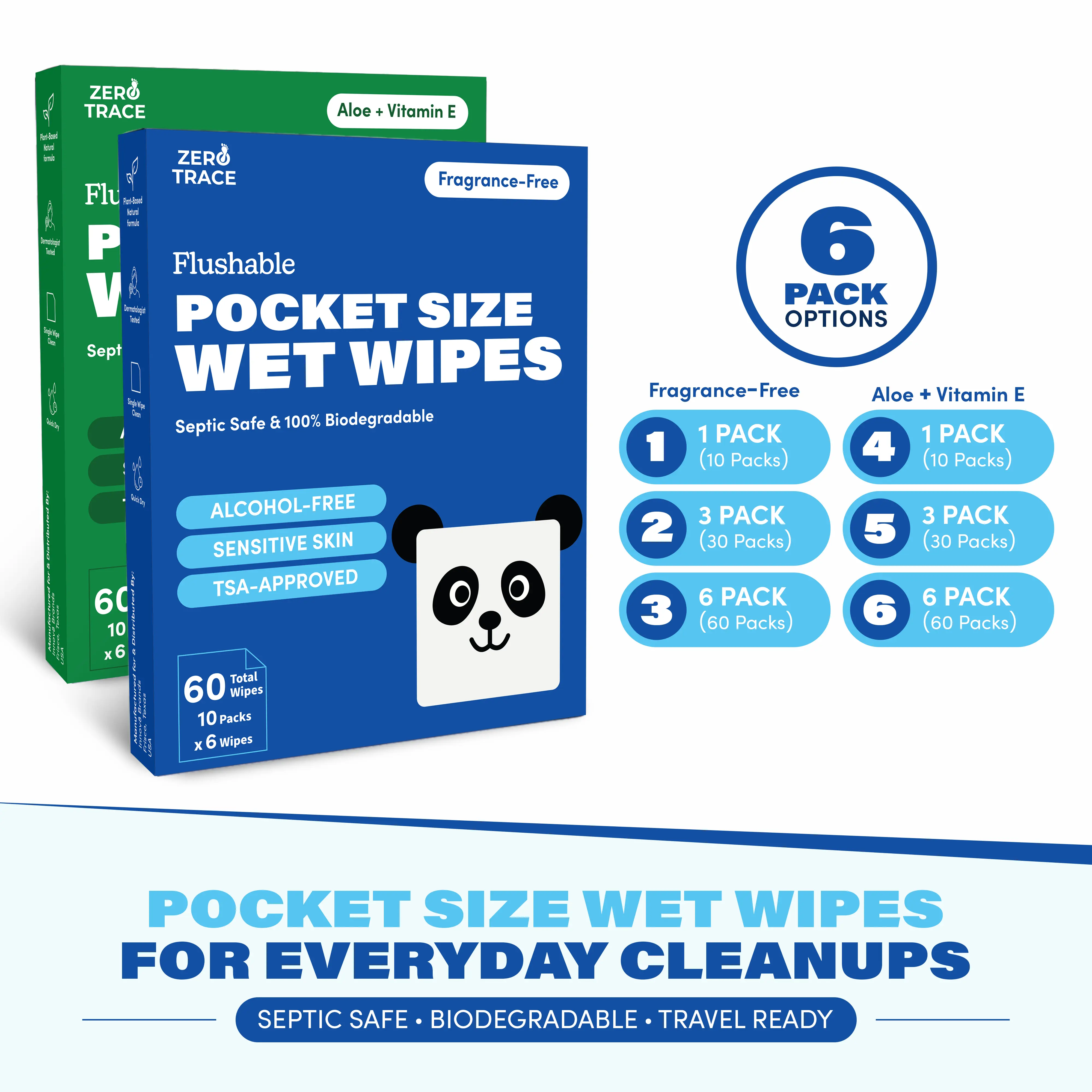 Zero Trace Flushable Pocket Wipes with Aloe & Vitamin E, Biodegradable Travel Wet Wipes, Fragrance Free, Hypoallergenic, Septic Safe, 60 Count