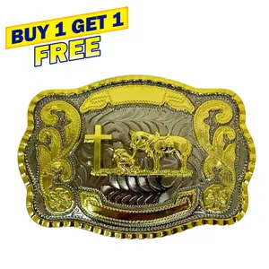 Gold-Tone Praying Cowboy Western Belt Buckle 5.5" x 4" - Hebilla Vaquera Christian Cross - Vintage Gold Silver Rodeo Gift for Men