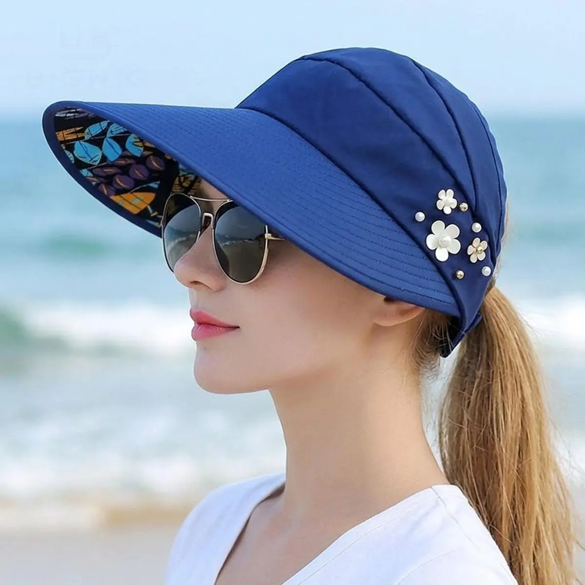 Women's Sun Visor Hat with 3D Pearl Flower & Floral Print, Wide Brim Foldable UPF 50+ Summer Beach Accessory, Ponytail Friendly & Breathable, Accessories For Women, Hats For Women