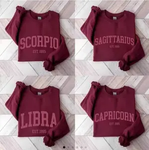 Leave A Note or DM to Shop) (Ver 2) Custom Zodiac Sweatshirt - Maroon Color, Custom Year-Est Your Year Astrology Pullover, Cute Horoscope Energy Gift, Unisex Crewneck Sweatshirt, Birthday Zodiac Sign Outfit