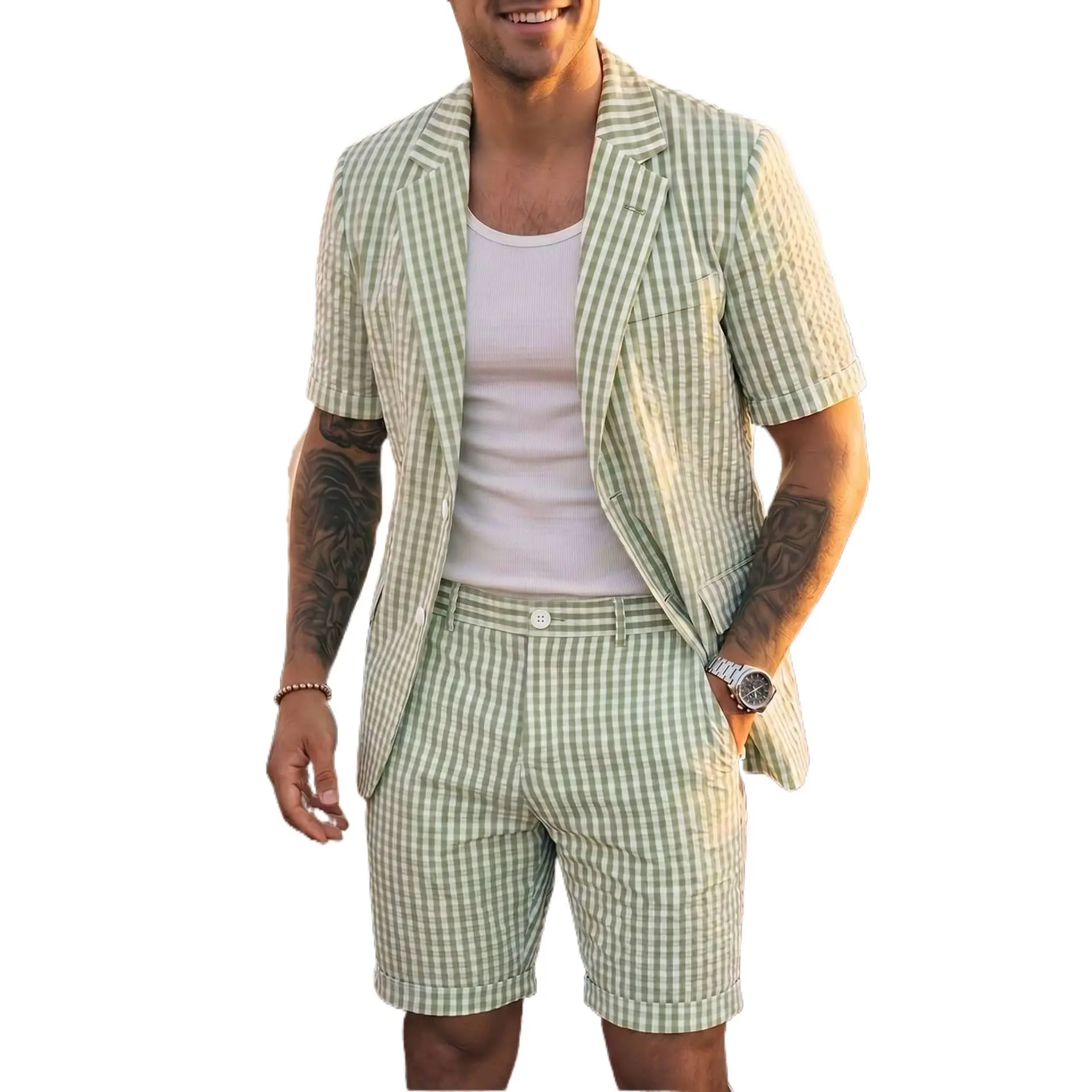 Men’s Green Checked Textured Seersucker 2-Piece Suit Set - Stylish 2-Button Notch Lapel Shortleeve Suit Jacket & Pants, Summer Business Casual Light Outfit for Office/Daily Wear (S-2XL) Polyester Smooth Fitted Menswear, Shortsleeve, Office Wear