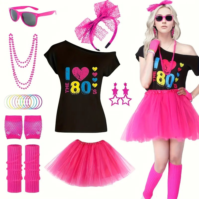 18pcs 80s Retro Costume Set for Women - Includes Lips Print T-Shirt, Tutu Skirt, Lace Headband, Neon Earrings, Necklace, Leg Warmers, Fishnet Gloves & Bracelet