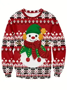 Men's Holiday Christmas Sweater - Santa and Snowman print, casual crew neck jumper for outdoor sports and streetwear