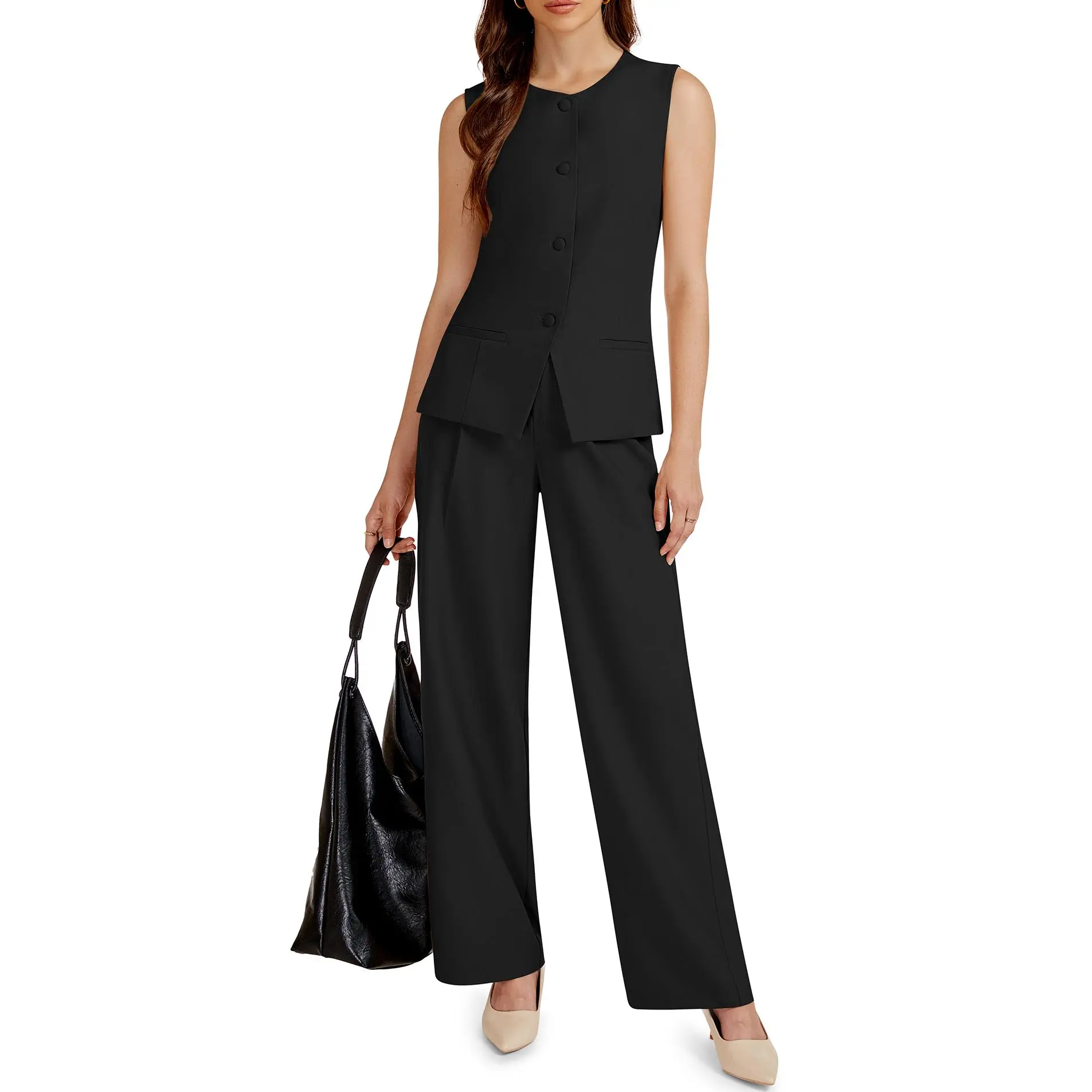 Women's 2 Piece Set - Elegant Sleeveless Button Vest and Comfortable Wide Leg Linen Pants, Flowy Summer Outfit for Work Casual, Fitted, Breathable, Suit, Round Neck, Two Piece Set, Business Casual Tops