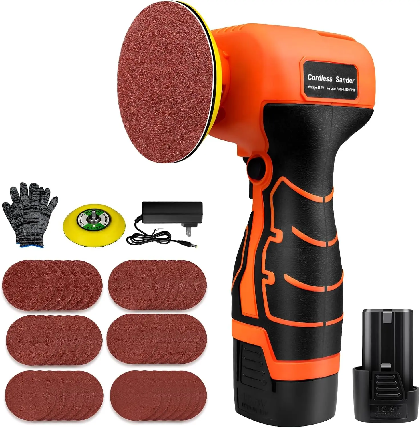 16.8V Lithium Ion Cordless Electric Sander with 1 x 3.0Ah Battery, 36 Synthetic Sandpapers, 3500 RPM, 1.65 lbs Lightweight Compact Design for Wood, Metal, Material Removal & DIY Projects