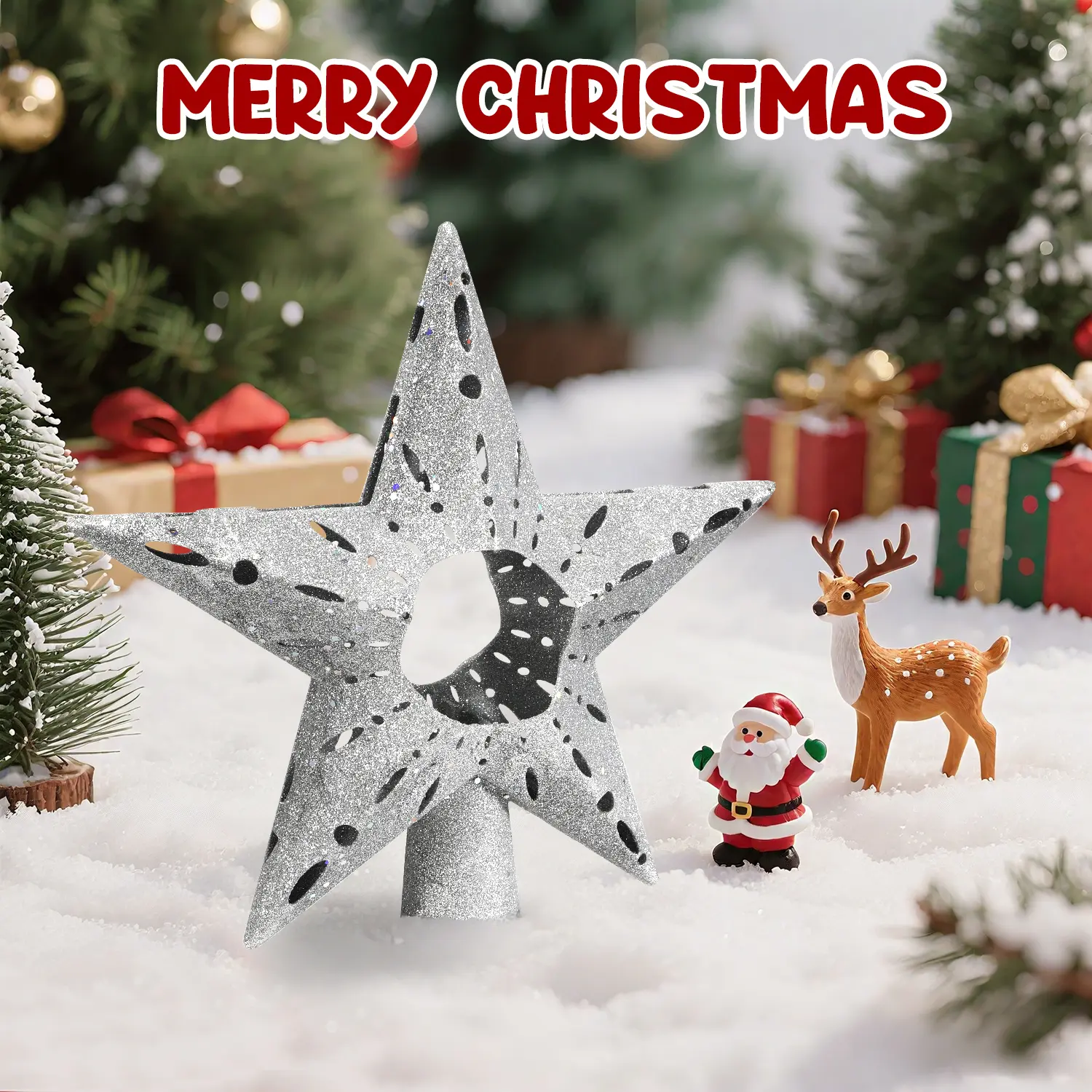 Silver Glitter Christmas Tree Topper - Large Premium Tree Top Decor with Glittering Effect, Easy to Install for Xmas Tree, Christmas Ornaments, Christmas Decorations for Home Indoor, Perfect Christmas Gift for Family,Silver