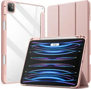 Case for iPad Pro 11 Inch (M5) 2025 /(M4) 2024 5th Gen, Trifold Stand Smart Cover with Pencil Holder and Soft TPU Back, Auto Wake/Sleep (Pink)