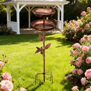 2-Tier Metal Bird Bath & Feeder Combo, Vintage Copper Stake for Outdoor Garden Yard Decor