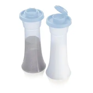 Tupperware Classic Large Hourglass Salt & Pepper Shaker Set Dishwasher Safe Ergonomic Design Translucent Material 5.7 oz Capacity Airtight Closure Hinged Lid Travel Friendly Kitchen Seasoning
