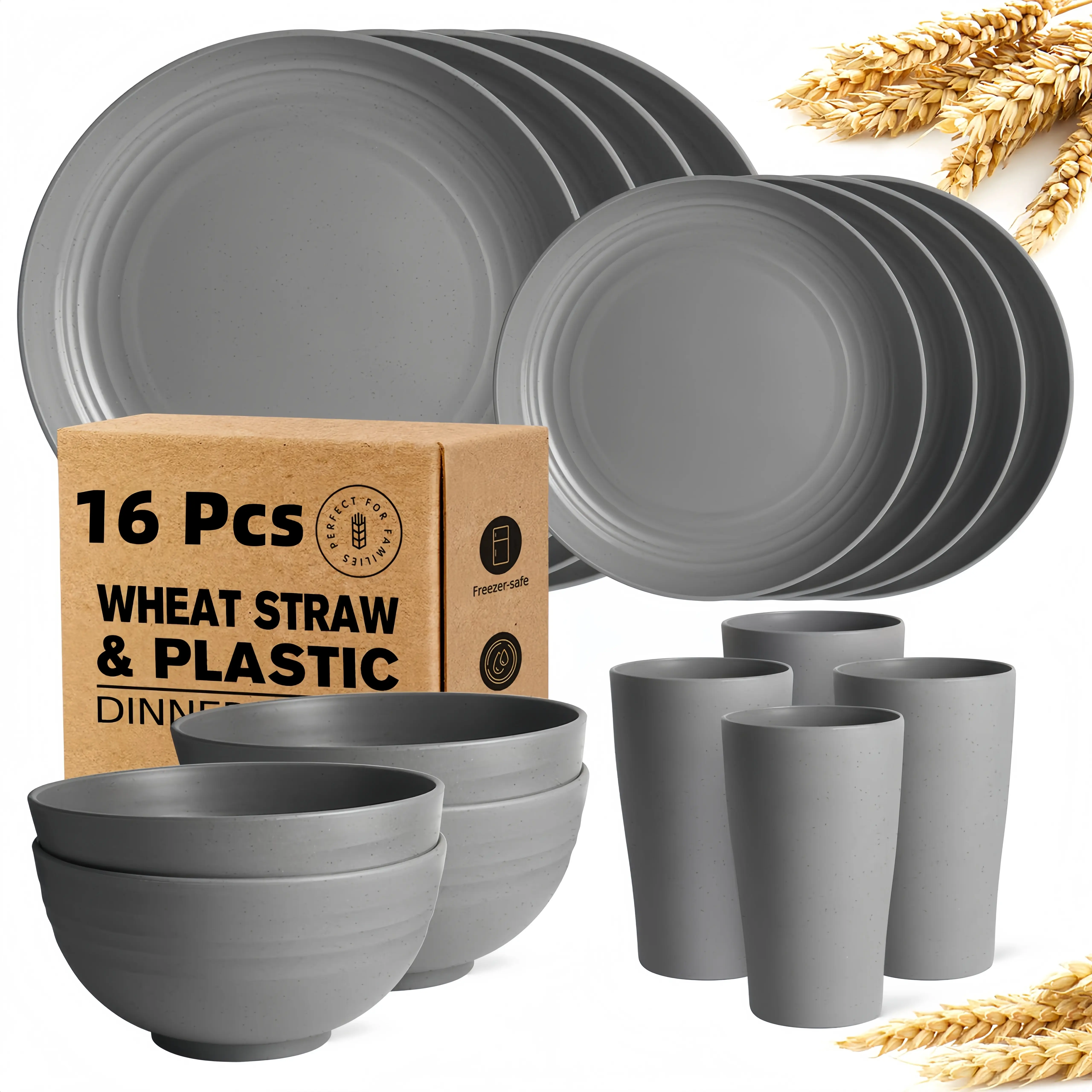 Unbreakable Wheat Straw Tableware Set - 16-Piece for 4/8 People, Reusable, Dishwasher-Safe Plates & Bowls, Lightweight Durable Plastic, Ideal for Indoor/Outdoor Dining, Unisex Use, Holiday Gift for Halloween, Christmas, New Year