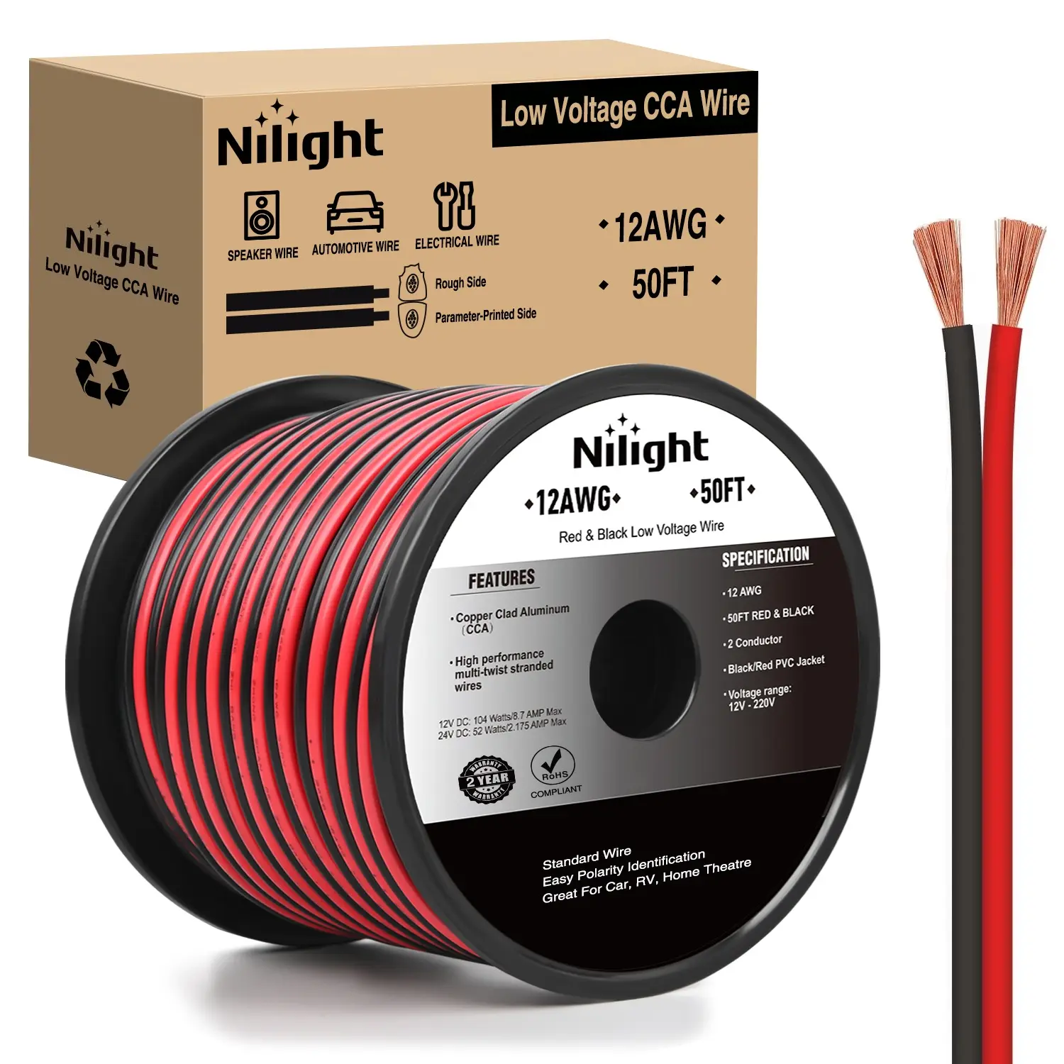 Nilight 50FT 16AWG Copper Clad Aluminum Flexible Cable, 16/2 Gauge Red Black 2-Conductor Parallel Electrical Cord with Uniform Thickness, Low Voltage 12V/24V DC Extension for Car Audio Radio Speaker Amplifier, High Strand Counts