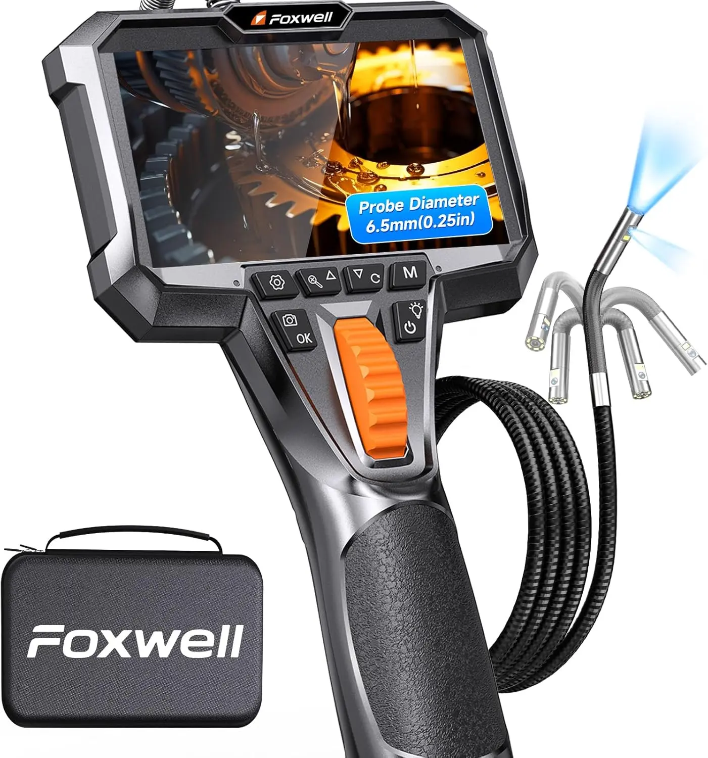 FOXWELL FY406D 0.25in (6.5mm) Slim Dual Lens Articulating Borescope - 220° Articulation, 5.3ft Cable, Adjustable LED Light, IPS HD Screen, IP67 Waterproof Snake Camera for Automotive, Engine Inspection