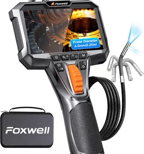 FOXWELL FY406D 0.25in Slim Dual Lens Articulating Borescope, 220° Two-Way Endoscope Camera with LED Light & IPS HD Screen, IP67 Waterproof Snake Camera for Engine, Automotive, Pipe & Wall Inspection – 5.3FT