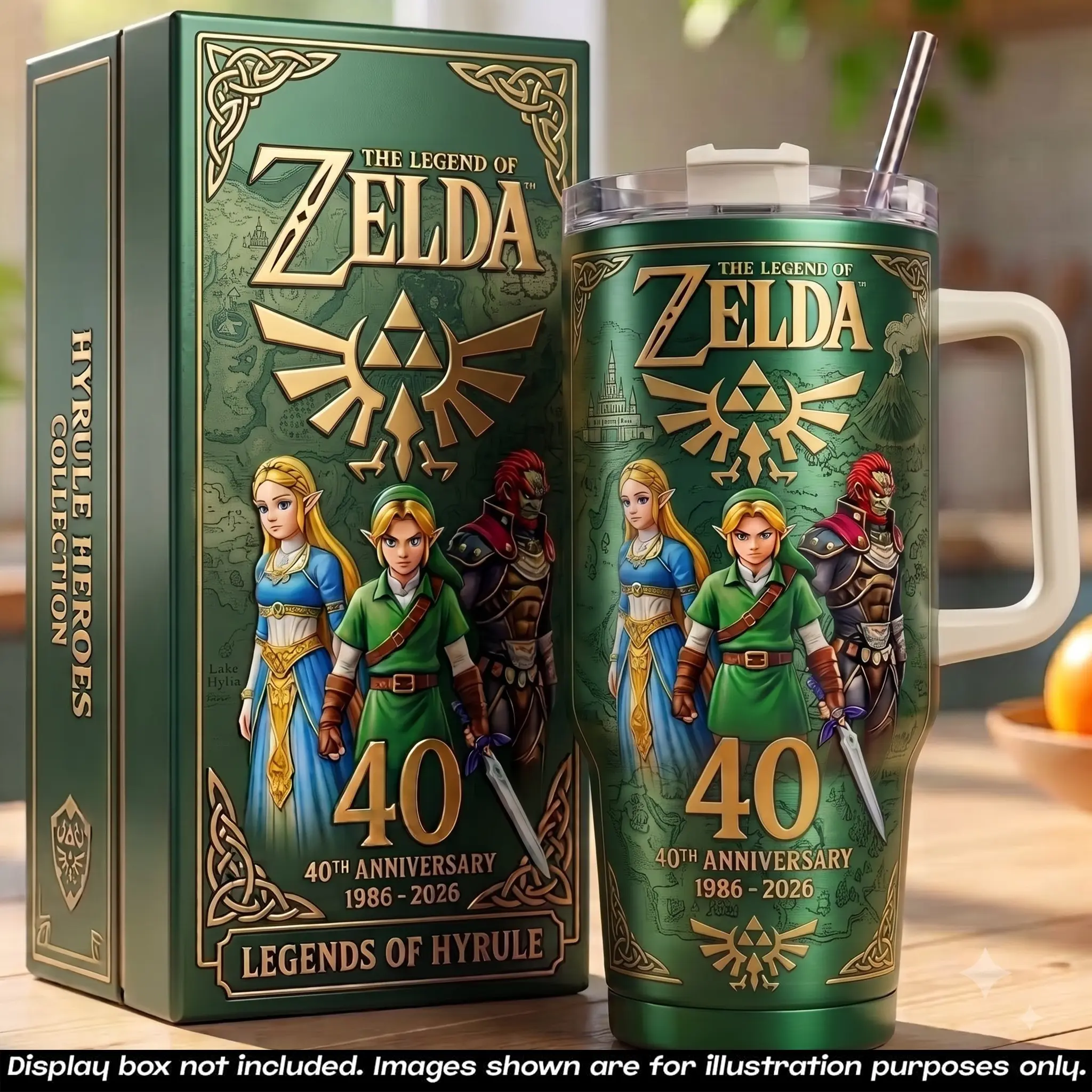 The Legend of Zelda V3 40th Anniversary 40oz Insulated Tumbler With Handle & Straw, 1986-2026 Collector Edition Stainless Steel Travel Mug, Master Sword & Triforce Gaming Cup, Zelda Fan Gift