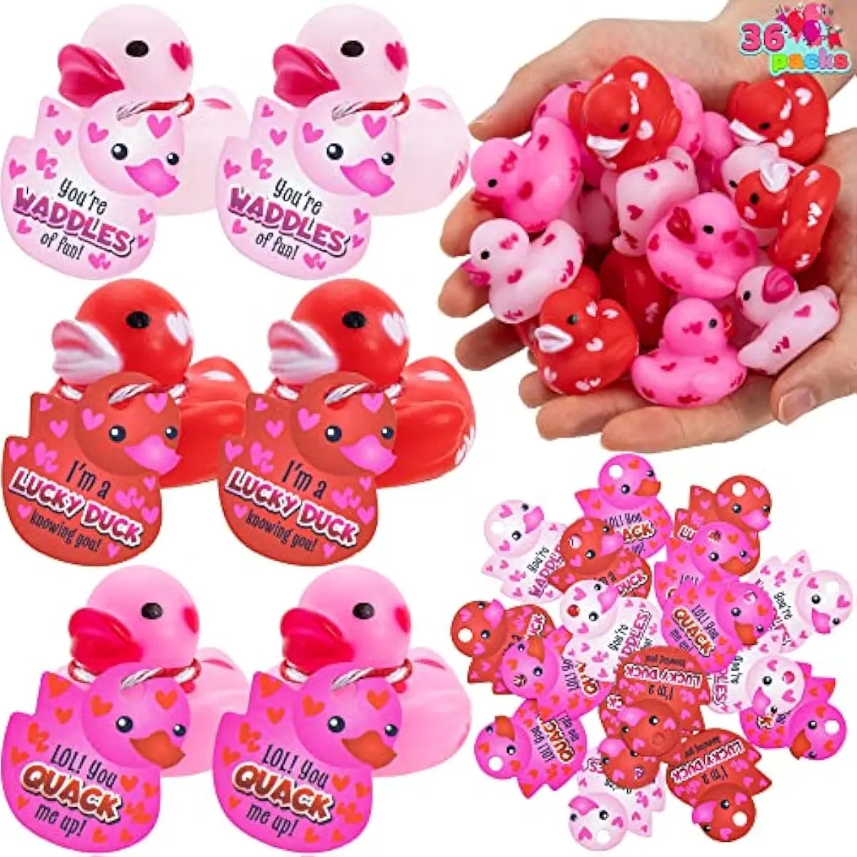 36 Pcs Valentine's Day Mini Rubber Duck With Gift Cards, 1.1 Inches Small Duckies With Card Tags, Bath Toys for Classroom Exchange Prizes, Party Favors