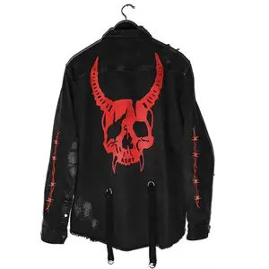 Men'sHarajukuGothicDenimJacket-DemonHunterSkullPrint,Punk-RockStylewithSuspenders&Holes
