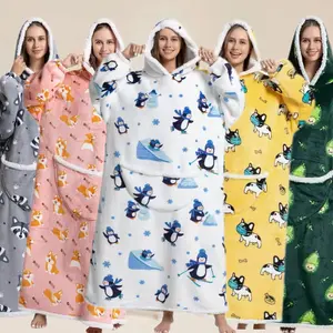 Cozy Lamb Fleece Wearable Blanket Hoodie, Cute Penguin Print, Warm and Soft, Perfect for Home, Camping, Travel, Holiday Gift, Cozy Hooded Blanket