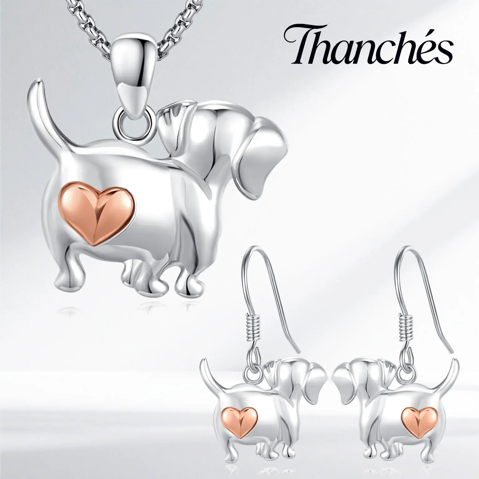 THANCHES S925 Sterling Silver Dachshund Decorative Set - Unisex Names Dog Lover Jewelry, Trendy Cute Animal Necklace & Earrings, Unique Gifts for Mom Wife