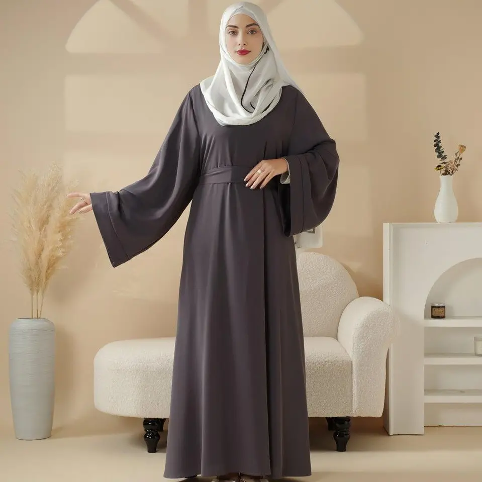 Women's 2-Piece Modest Muslim Outfit Solid Color Nida Fabric Abaya Set, Loose-Fit Round Neck Maxi with Belt and Pockets, Opaque Breathable Modesty Abaya, Modest Muslim Outfits, Solid Color Abaya