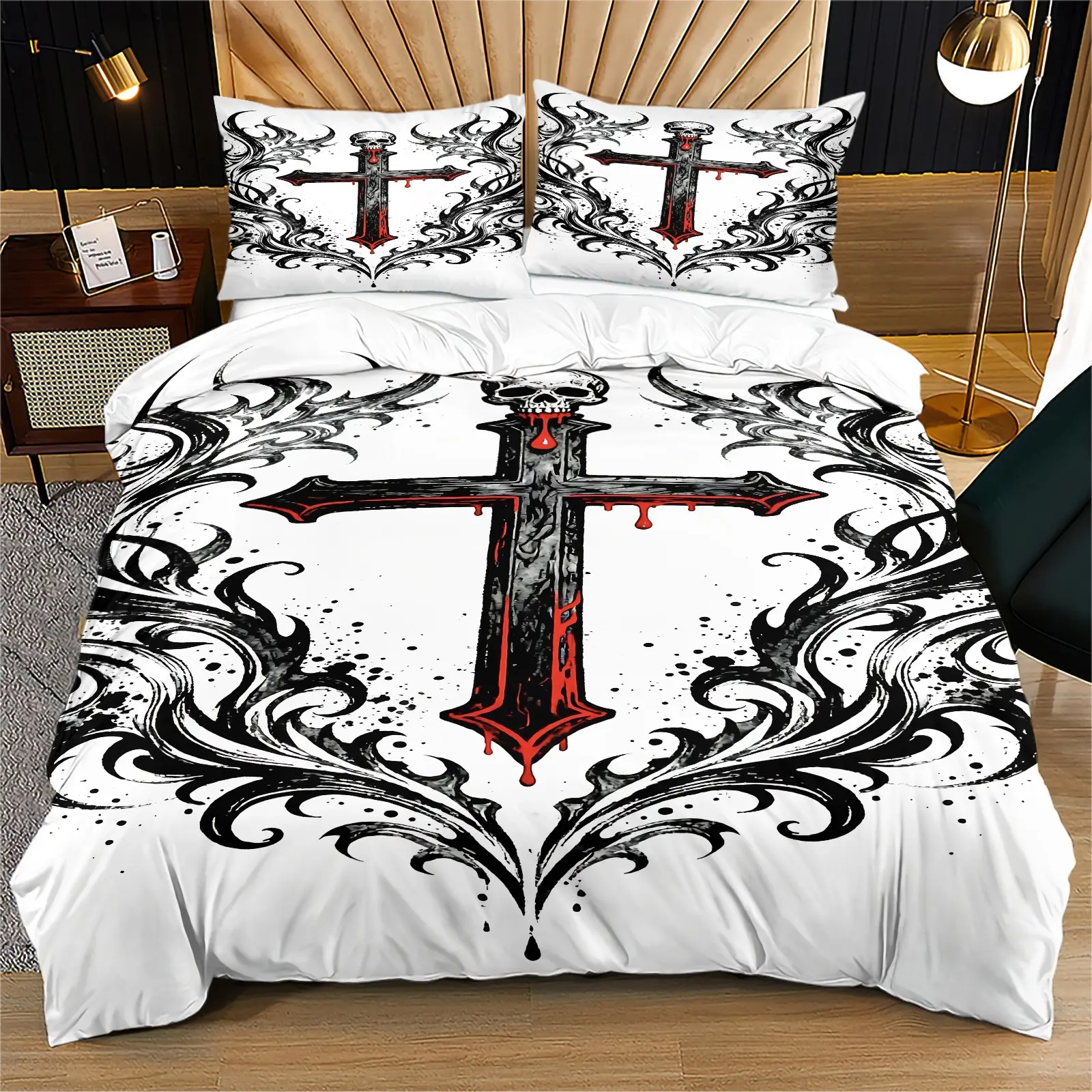 Gothic Skull Cross Bedding Set, 2/3 Piece Duvet Cover + Pillows, Dark Vintage Design, Perfect for Halloween Decor & Gothic Room