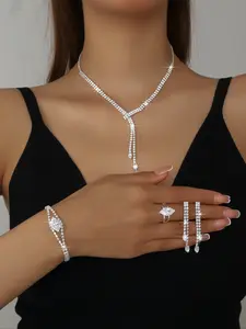 Elegant Rhinestone Jewelry Set, Necklace Bracelet Earrings Ring, Sparkling Crystal Design, Perfect for Parties & Daily Wear