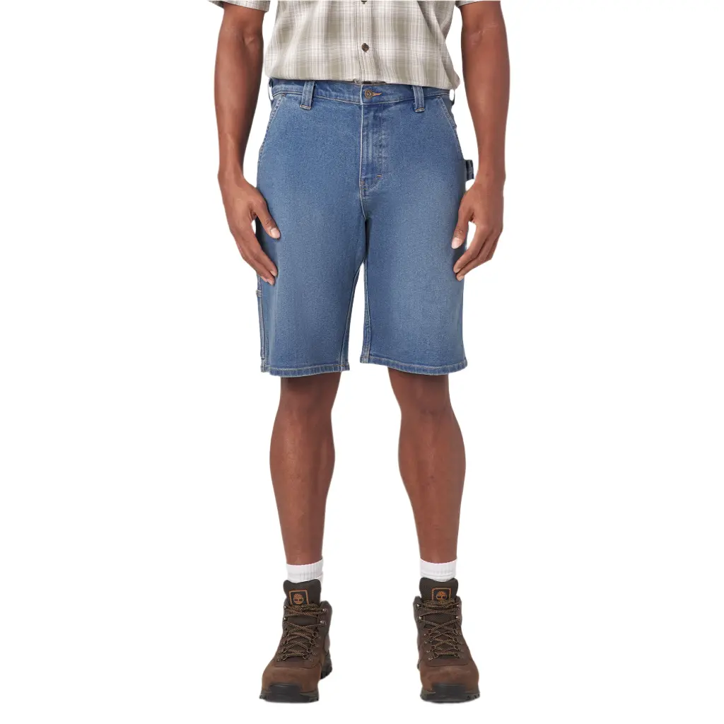 Dickies Men's 11" Mid-Waist Loose-Fitting Knee-Length Workwear Utility Shorts, Light Wash Stretch Denim with Reinforced Guards, Multiple Pockets, Tape Measure Loop, Style #DX601LWI