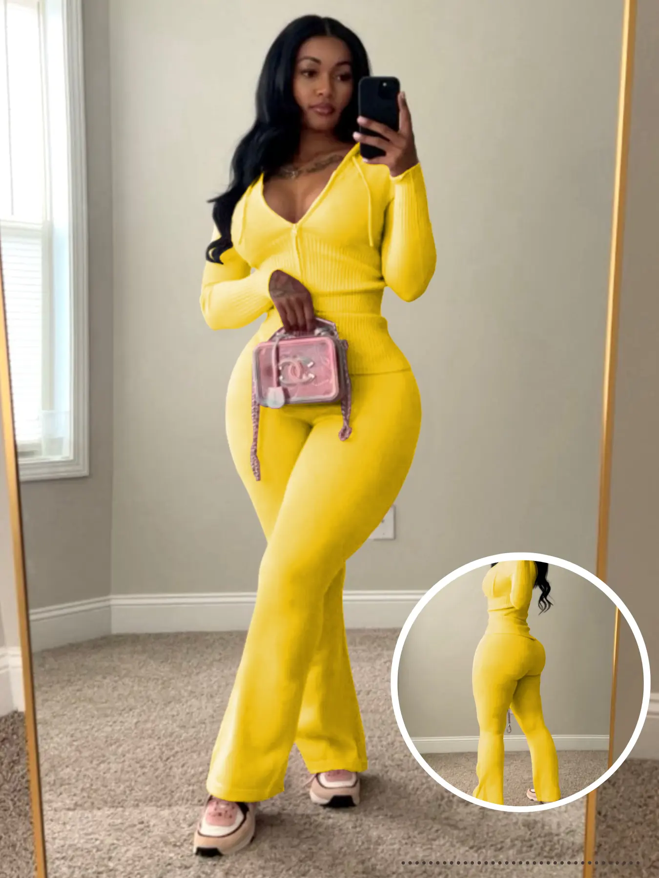USBoutique Chic 2pcs Sweatsuit for Women-Yellow Zip-Up Hoodie with Pockets & Flare Yoga Pants, Trendy Lounge Set, Casual Fall/Winter Outfit, Athleisure Wear Clothes TopWomenswear