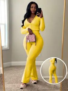 USBoutique Chic 2pcs Sweatsuit for Women-Yellow Zip-Up Hoodie with Pockets & Flare Yoga Pants, Trendy Lounge Set, Casual Fall/Winter Outfit, Athleisure Wear Clothes TopWomenswear
