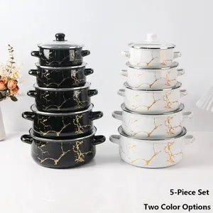 Enamel Cookware Set, 5 Pieces Soup Pot with Lid & Handle, Durable & Easy to Clean, Ideal for Restaurant, Home Kitchen, Picnic