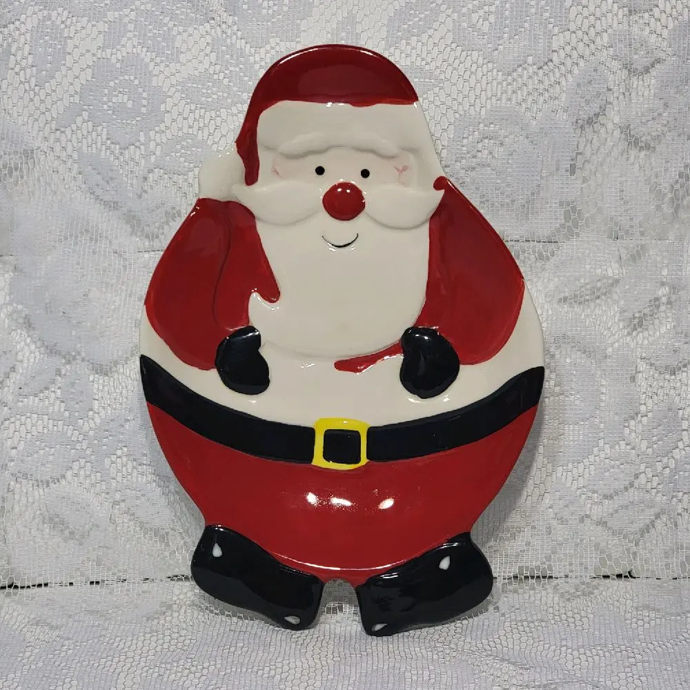 Festive Santa Claus Holiday Candy Cookie Dessert Plate Ceramic Trinket Dish 9.5"