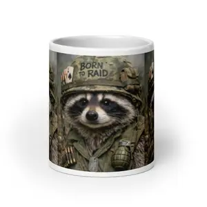 Racoon Raid Multi Print White glossy mug