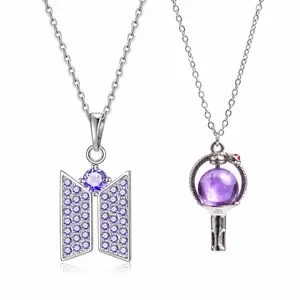 Kpop Purple Crystal-Style Necklace Set with Butterfly & Magic Wand Charms | y2k Jewelry | daily wear party gift Stone Pendant
