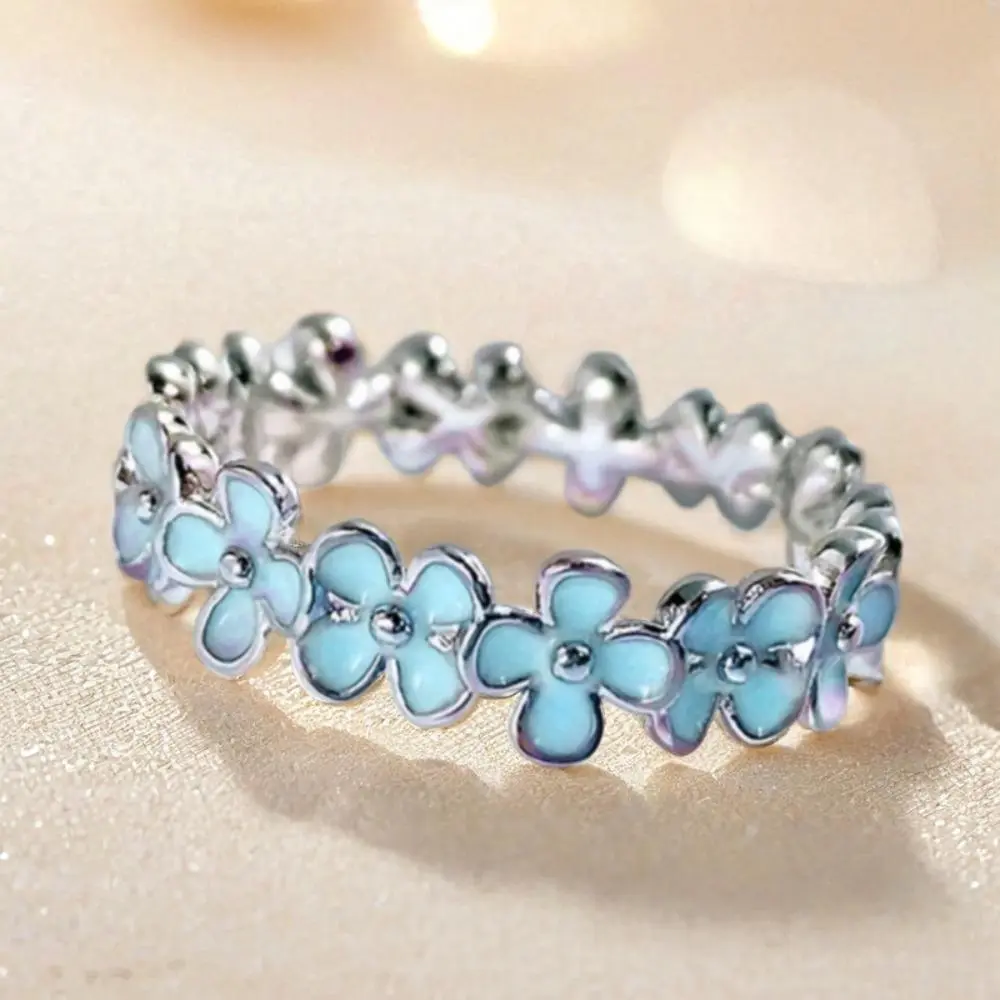 Flower Eternity Ring for Women with Pink and Blue Stones, Minimalist Metal Coated Promise Band, Stackable Daily Jewelry for Women's Fashion, Flowers, Rings For Women