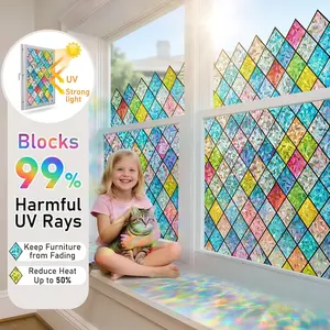 Stained Glass Window Film:304,3D Decorative Window Privacy Film,Window Decals,Non-Adhesive Heat Control Anti UV Vinyl Static Clings,17.1 x 118 Inches