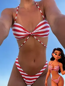 Ladies swimsuit; sexy fashion; red two-piece swimwear; summer beach; bikini set; Striped Print Bikini; Tie Back Bikinis; Swimsuit Style Bikini