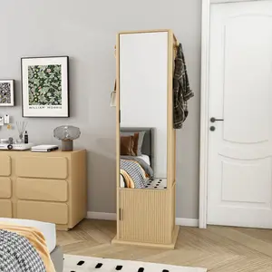 360° rotating makeup cabinet, jewelry cabinet with a full-length mirror, standing storage cabinet with a coat rack, 4 layers of open shelves and 2 layers of built-in shelves