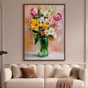 Painting of a Glass Vase of Spring Flowers Print, Tulips, Daisies, Flower Poster, Floral Wall Art | Unframed S