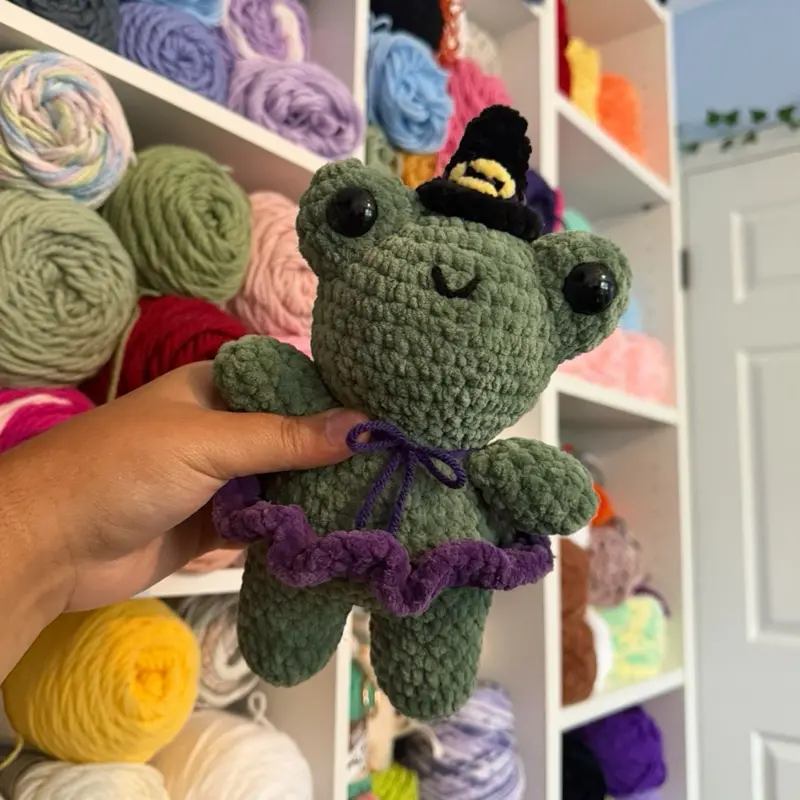 Handmade crochet witch frog plushie