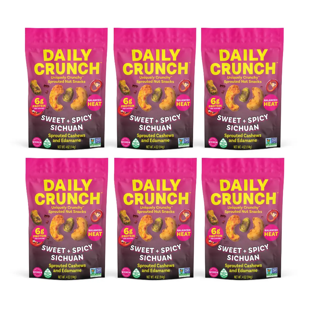 Daily Crunch Sweet & Spicy Sichuan Sprouted Cashews & Edamame 4oz Snack with 6g Protein & Medium Heat