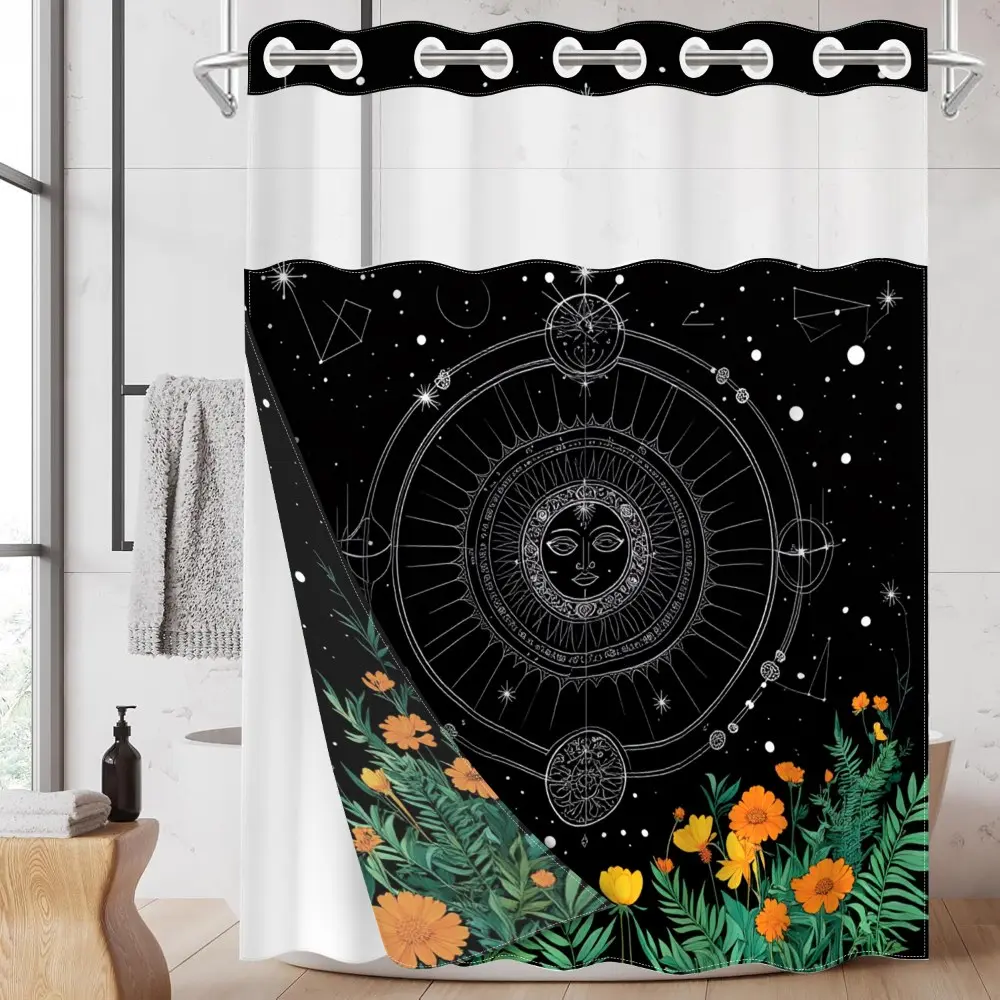 1pc hookless shower curtain with buckle lining, Geometric shower curtain, sun totem starry sky design 2D printing, fabric waterproof lined with window, double-layer, 71 x 74 inches, modern home decoration, Bathroom Shower Curtains