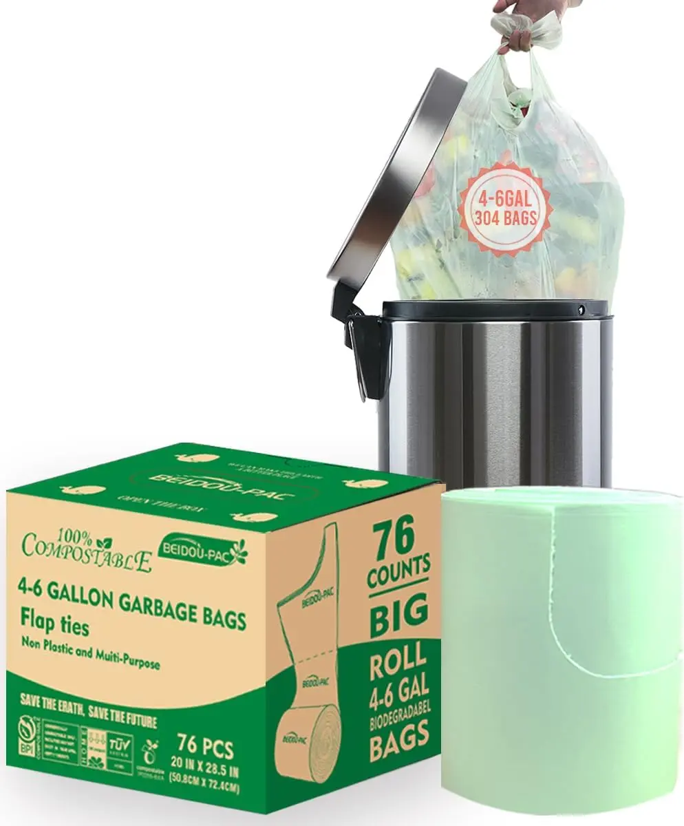 BEIDOU-PAC 4-6 Gallon Flap Tie Compostable Trash Bags, 76 Count, Kitchen Compost Bags, Sturdy Garbage Bags for Food Scrap Waste, ASTM D6400, US BPI Certified