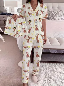 3-Piece Cartoon Monkey Print Women's Pajama Set Loungewear, Short Sleeve Button-Up Top, Elastic Shorts & Pants, Elegant Fitted Sleepwear