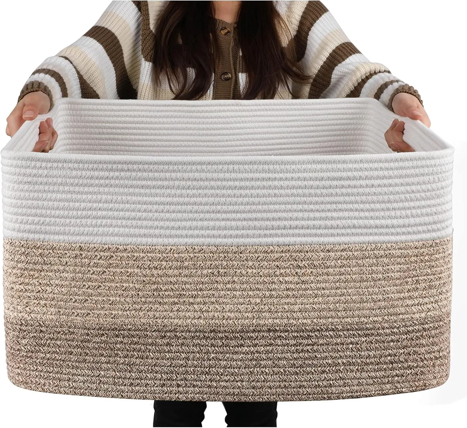 Large Blanket Basket, 22”x17”x12” Laundry Baskets, Nursery Blanket Storage Living Room, Toy Storage With Handle, Rectangle Woven Baskets-Gradient Yellow