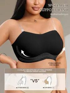 Plus Size Women's Seamless Strapless Anti-Slip Shapedly Bra, Side Buckle Push-Up Underwear with Molded Cups, Plain Daily Wear Bras